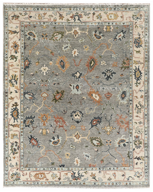 Hand Knotted Oushak Rug, Vintage Turkish Area Rug, Gray Wool Carpet, Handmade Floral Oriental Rug, Luxury Living Room Rug, Traditional Persian Style Rug