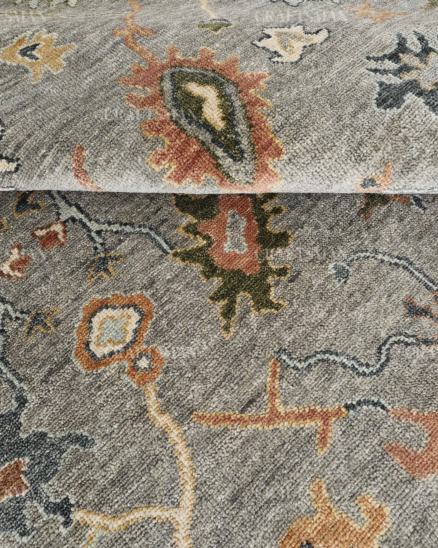 Hand Knotted Oushak Rug, Vintage Turkish Area Rug, Gray Wool Carpet, Handmade Floral Oriental Rug, Luxury Living Room Rug, Traditional Persian Style Rug