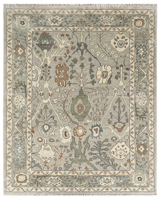 8x10 Hand Knotted Oushak Rug, Vintage Turkish Wool Area Rug, Sage Green & Gray Oriental Carpet, Handmade Floral Rug, Traditional Living Room Rug
