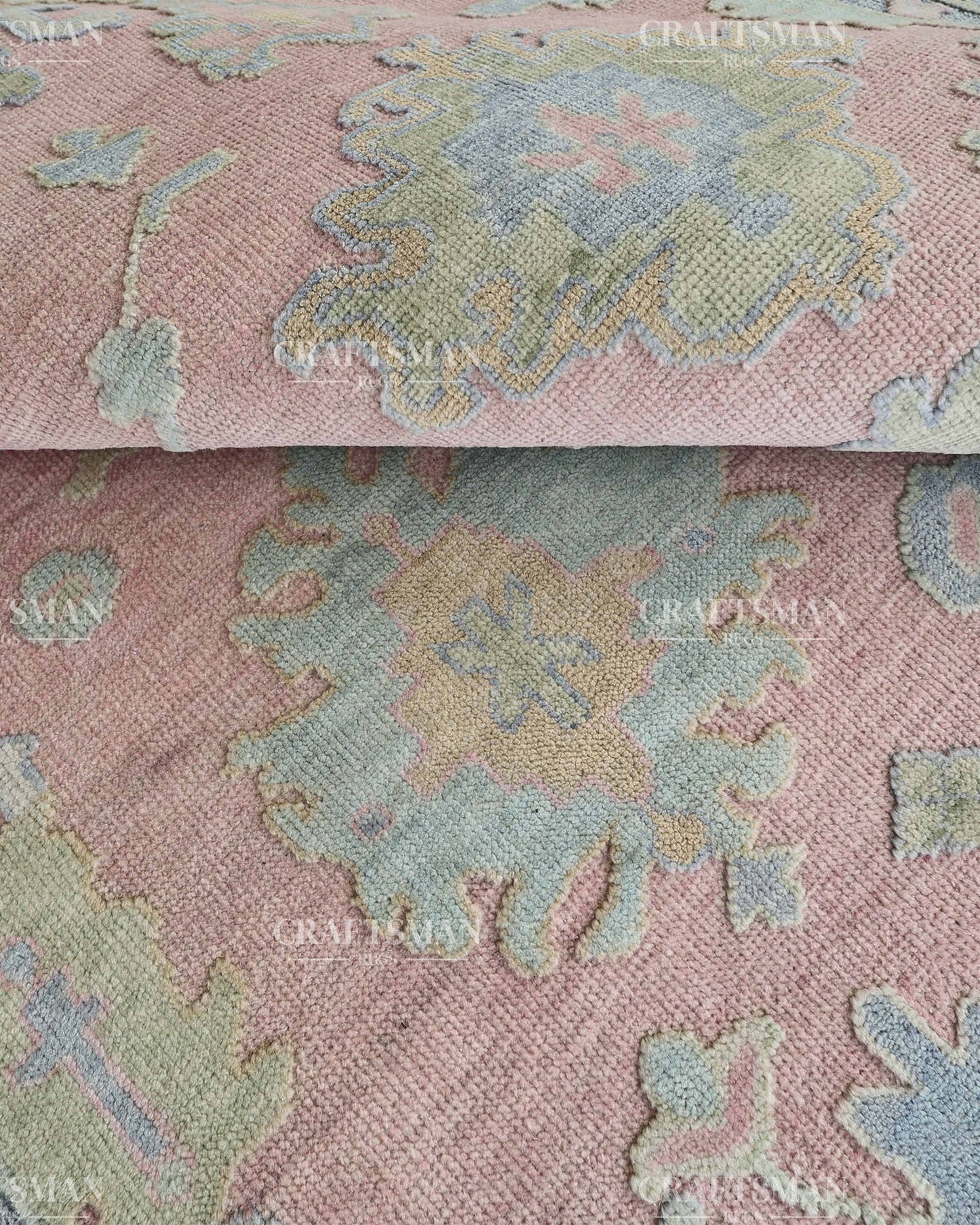 Luxury Hand Knotted Oushak Rug – Blush Pink & Powder Blue Vintage Floral Medallion Wool Area Rug | Traditional Turkish Inspired Handmade Carpet