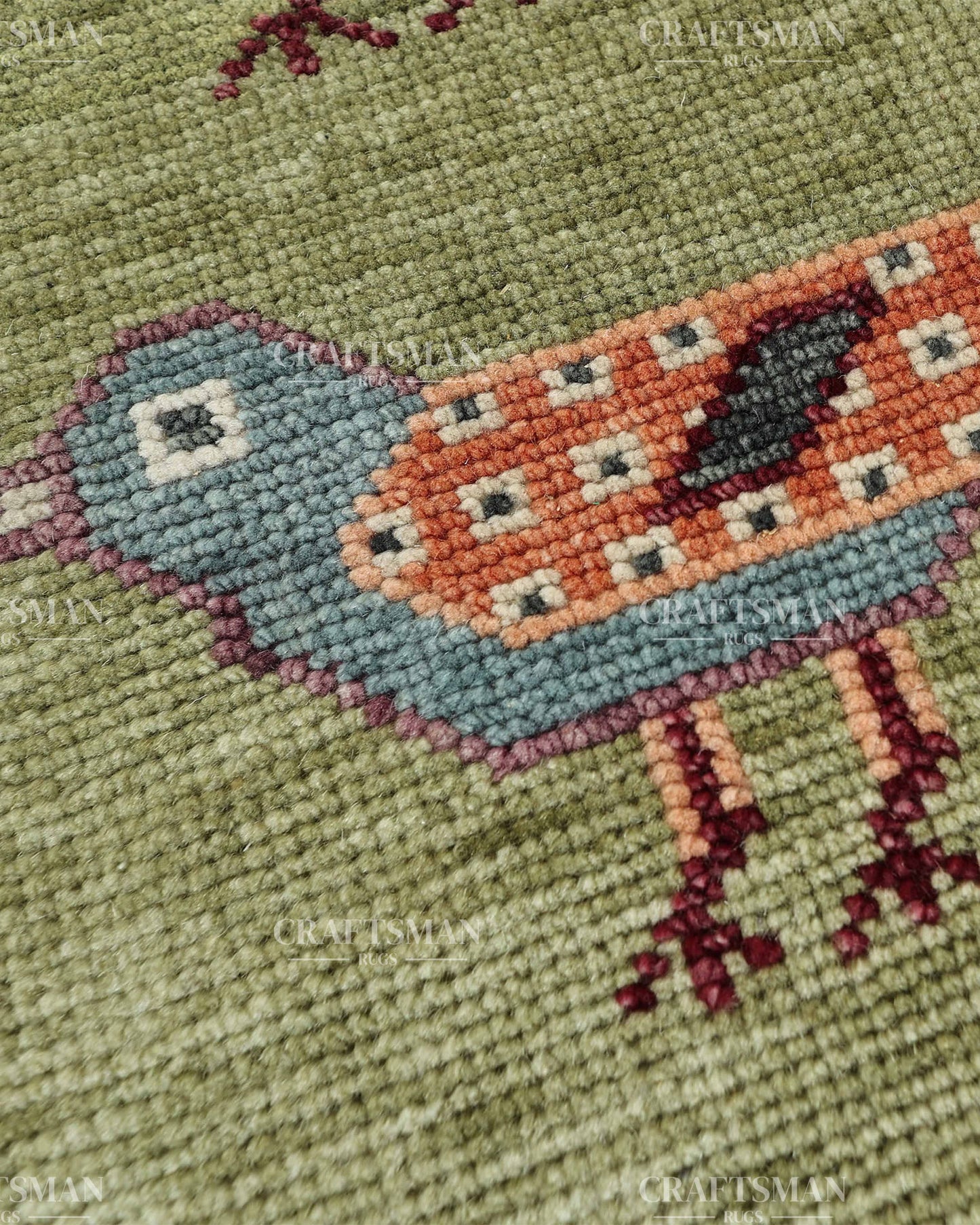 Hand Knotted Bird Runner Rug – Traditional Tribal Folk Art Wool Hallway Carpet, Sage Green Handmade Runner