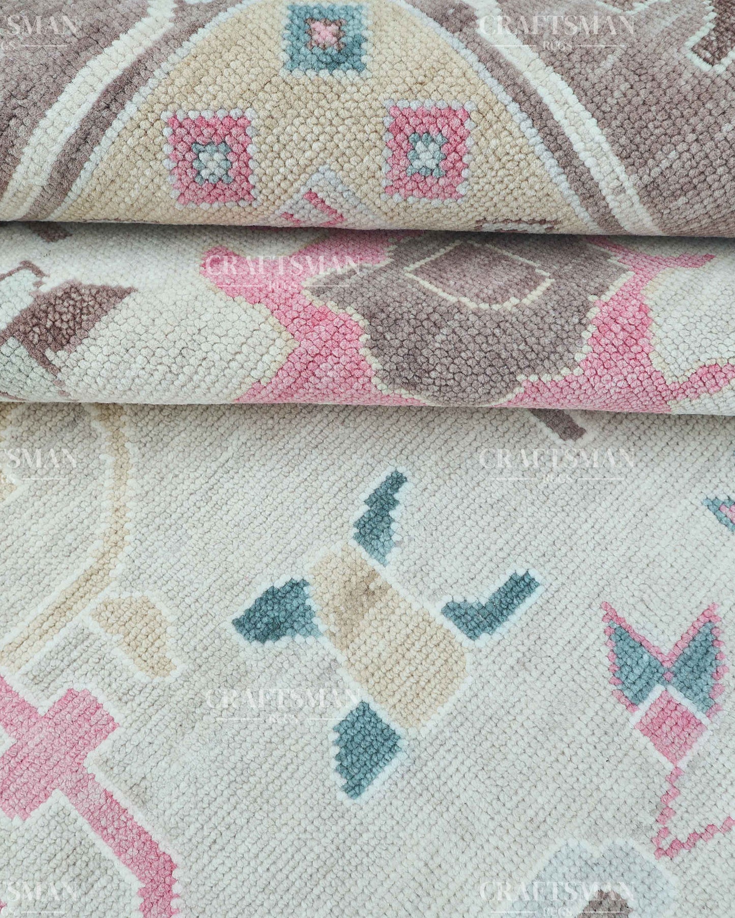 Hand Knotted Oushak Wool Rug – Vintage Turkish Floral Medallion Area Rug in Ivory, Taupe, Sage Green, Teal & Blush Pink