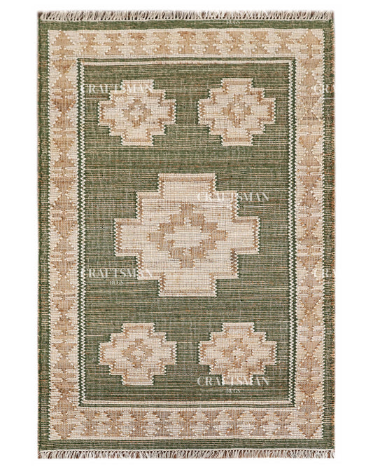 4x6 Handwoven Olive Green Jute Area Rug – Eco-Friendly Flatweave Rug | Geometric Boho Farmhouse Carpet | Ready to Ship