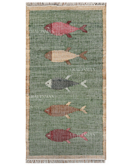 Handwoven Jute Fish Area Rug – Green Coastal Handmade Natural Fiber Rug for Living Room, Bedroom & Entryway