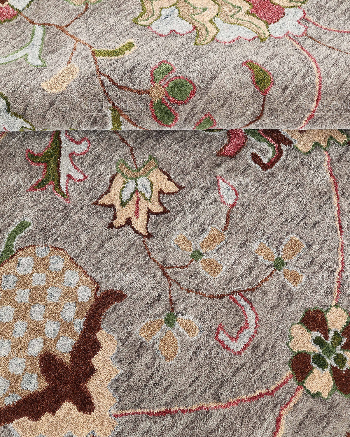 Hand Tufted Oushak Rug, Traditional Floral Wool Area Rug, Grey Persian Style Carpet with Multicolor Botanical Pattern