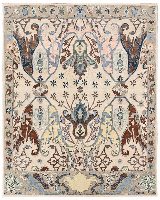 Hand Tufted Oushak Rug, Traditional Persian Floral Area Rug, Ivory Blue and Brown Vintage Style Carpet