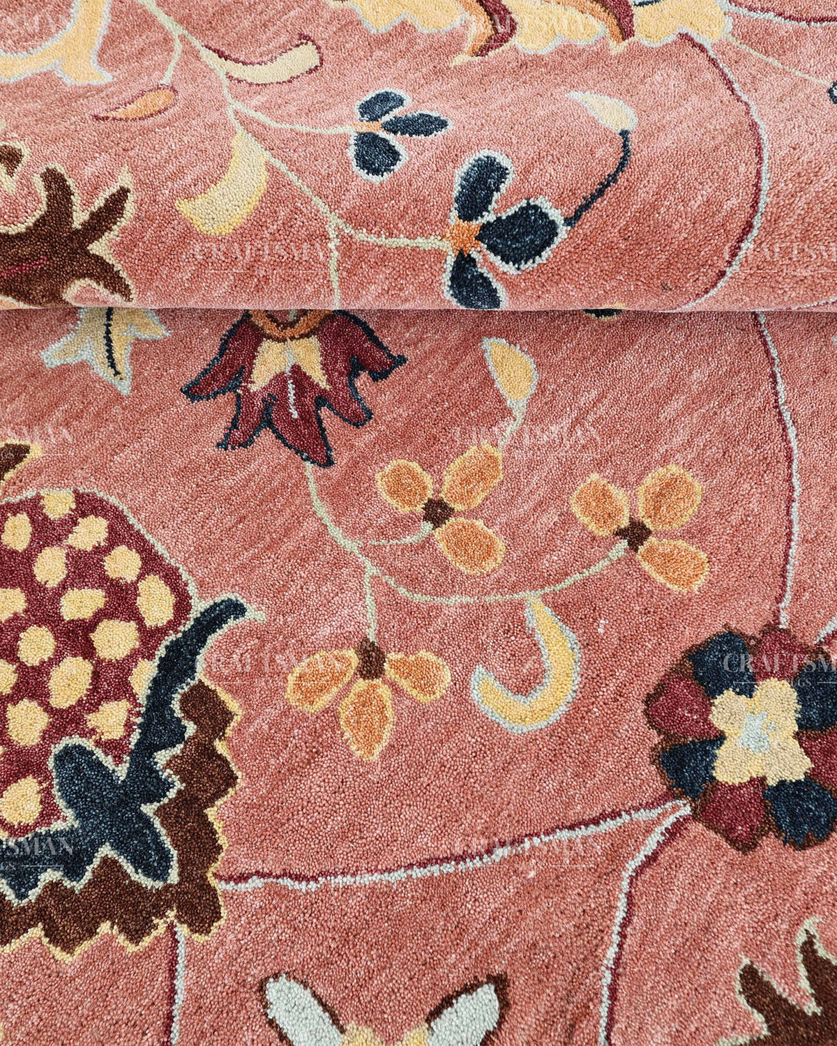 Hand Tufted Pink Oushak Rug 8x10 ft In Stock, Vintage Floral Area Rug with Ivory, Navy Blue & Brown Botanical Patterns