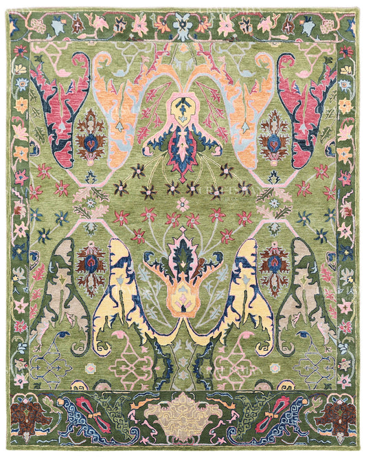 Hand Tufted Olive Green Oushak Rug, Traditional Floral Area Rug, Multicolor Persian Style Carpet