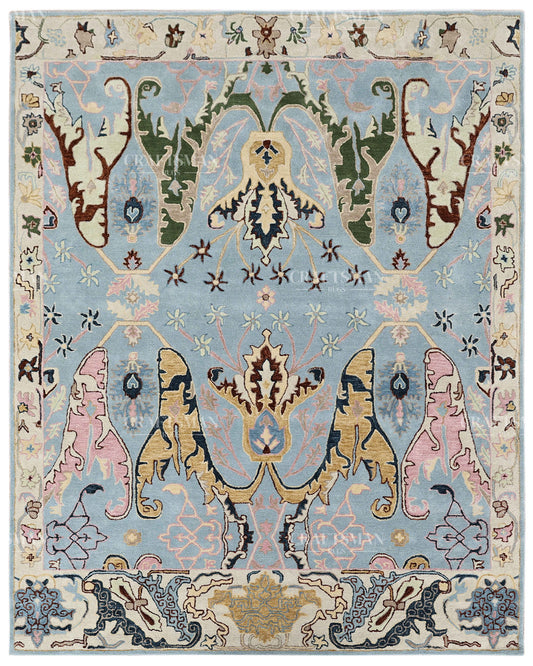 Hand Tufted Light Blue Oushak Rug, Traditional Floral Area Rug, Persian Style Carpet with Ivory Border