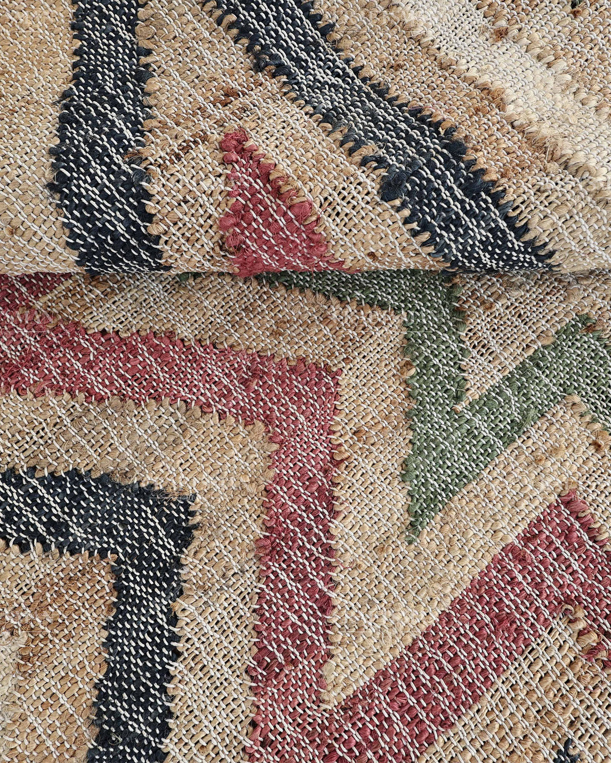 Handmade Multicolor Jute Rug, Geometric Star Pattern Area Rug, Beige Red Green & Black Boho Natural Fiber Carpet