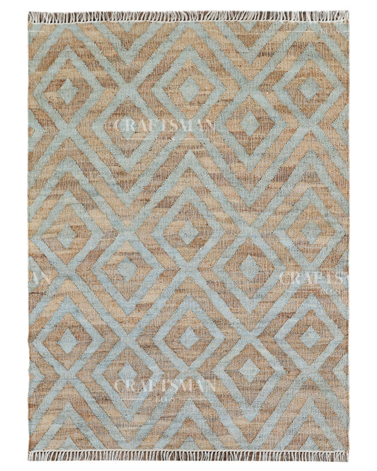 Skydiamond Jute Hand-Woven Natural Rug – Aqua Beige Geometric Boho Farmhouse Area Carpet with Fringe
