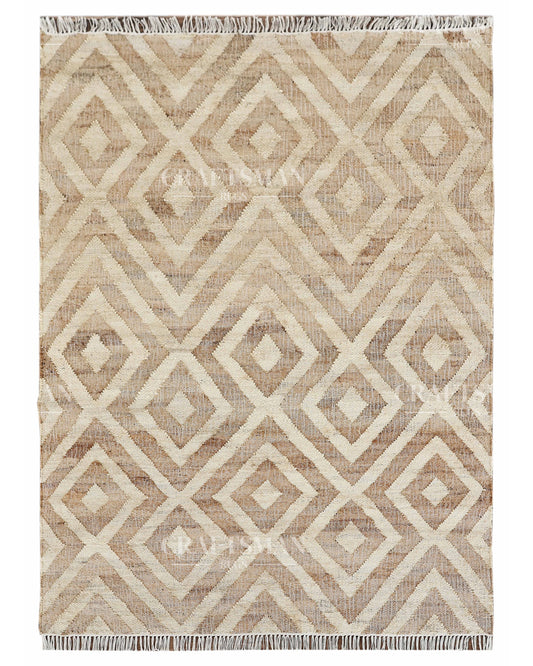 Sanddiamond Jute Hand-Woven Natural Rug – Beige Ivory Geometric Boho Farmhouse Area Carpet with Fringe