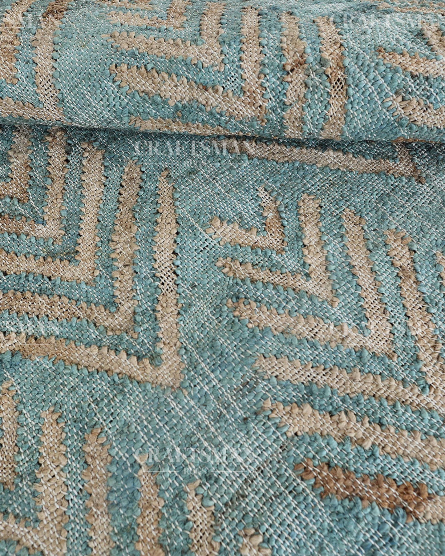 Oceanleaf Jute Hand-Woven Natural Rug – Aqua Beige Geometric Boho Farmhouse Area Carpet with Fringe
