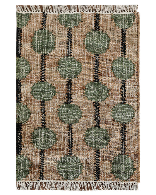Mossbead Jute Hand-Woven Natural Rug – Beige Green Geometric Boho Farmhouse Area Carpet with Fringe