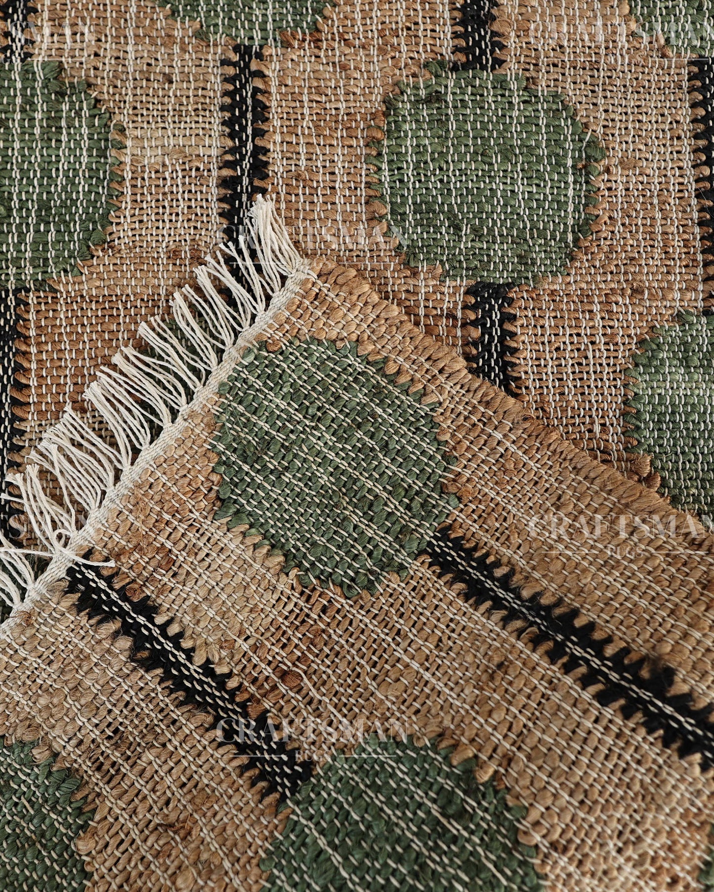 Mossbead Jute Hand-Woven Natural Rug – Beige Green Geometric Boho Farmhouse Area Carpet with Fringe