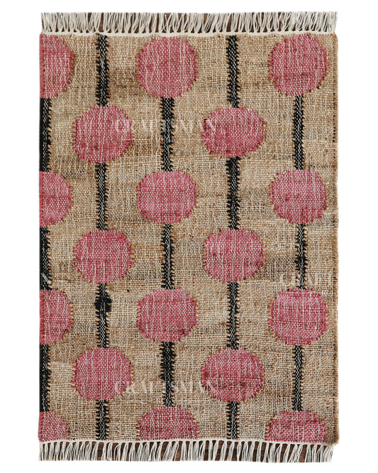 Rosebead Jute Hand-Woven Natural Rug – Beige Pink Geometric Boho Farmhouse Area Carpet with Fringe