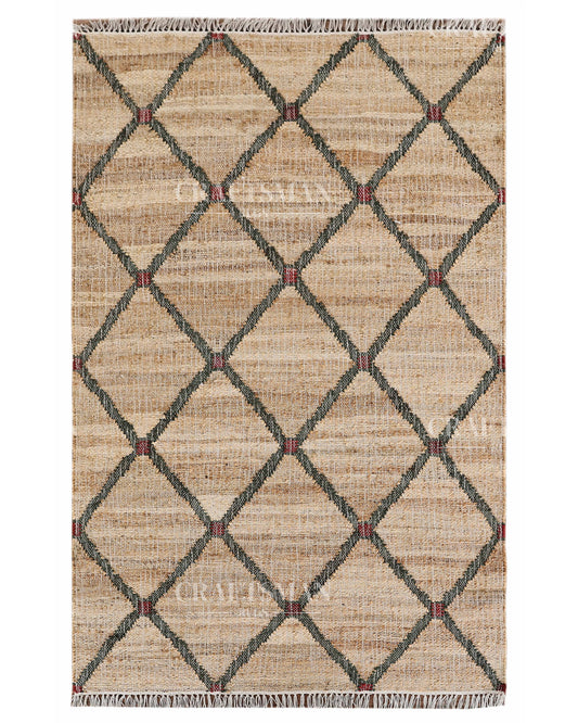 Rustgrid Jute Hand-Woven Natural Rug – Beige Charcoal Geometric Diamond Boho Farmhouse Area Carpet with Fringe