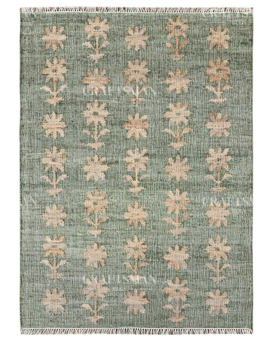 Sageblossom Jute Hand-Woven Natural Rug – Green Beige Floral Boho Farmhouse Area Carpet with Fringe