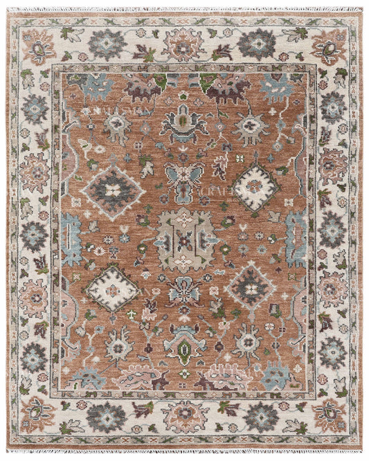 Hand Knotted Oushak Style Wool Rug 8x10, Vintage Persian Floral Area Rug, Rust Brown Ivory & Blue Traditional Carpet – In Stock