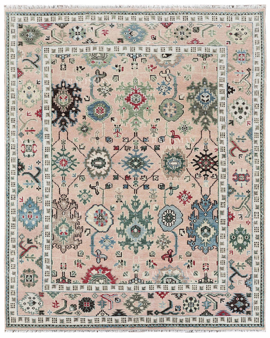 Hand Knotted Pink Oushak Rug 8x10, Vintage Persian Floral Area Rug, Multicolor Traditional Oriental Carpet