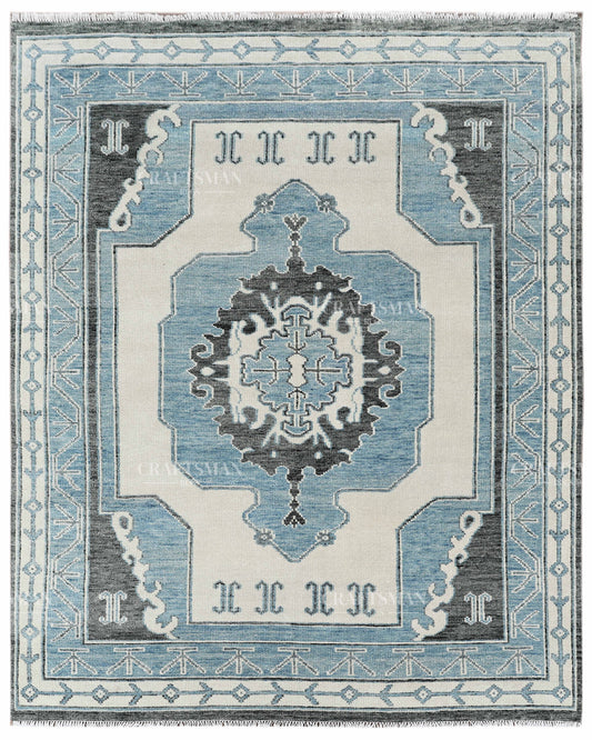 Hand Knotted Blue Oushak Rug 8x10, Vintage Persian Style Area Rug, Blue Ivory & Charcoal Traditional Oriental Carpet