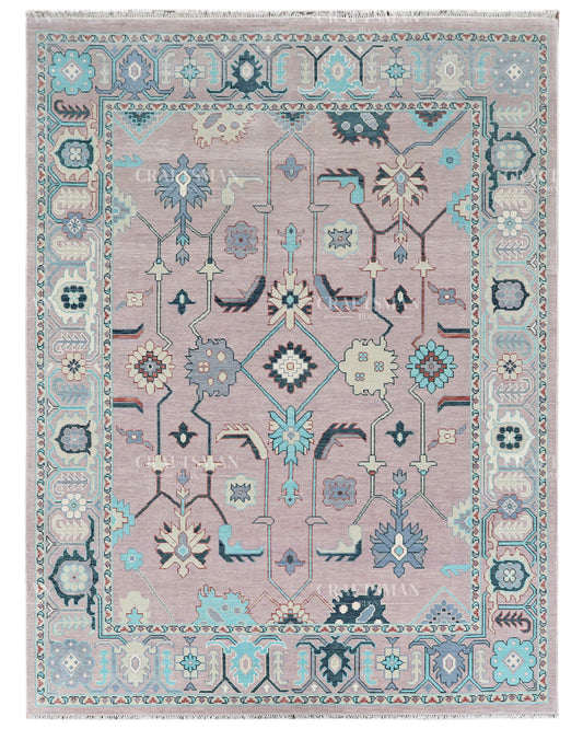 Hand Knotted Pink Oushak Rug 9x12, Vintage Persian Floral Area Rug, Dusty Rose Turquoise & Ivory Traditional Carpet