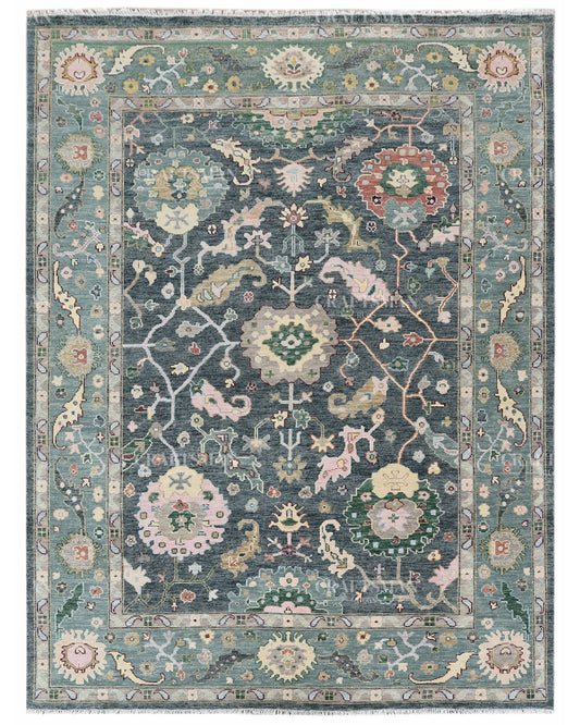 Hand Knotted Oushak Rug 9x12, Vintage Green Persian Floral Area Rug, Charcoal Blue Sage Green & Ivory Traditional Carpet