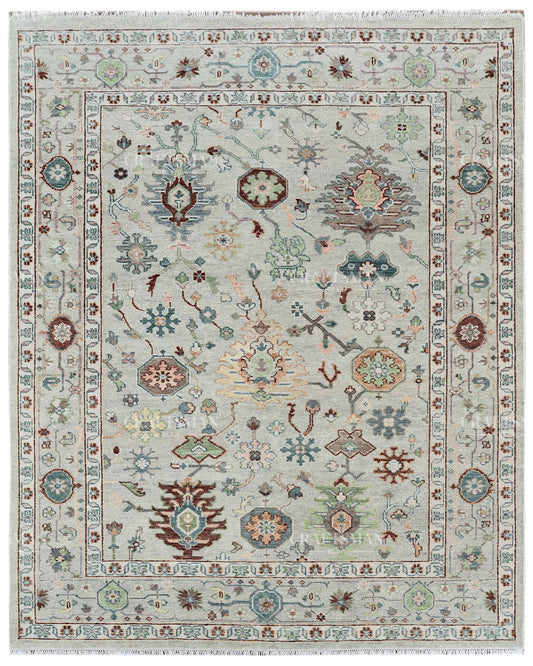Hand Knotted Oushak Rug 8x10, Vintage Ivory Persian Floral Area Rug, Sage Green Rust & Blue Traditional Oriental Carpet