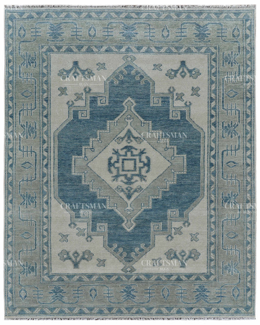 Hand Knotted Blue Oushak Rug 8x10, Vintage Persian Style Area Rug, Dusty Blue & Ivory Geometric Medallion Carpet