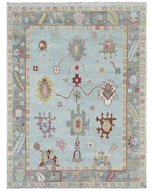 Hand Knotted Oushak Rug 9x12, Vintage Persian Style Area Rug, Light Blue & Gray Floral Geometric Carpet with Multicolor Accents