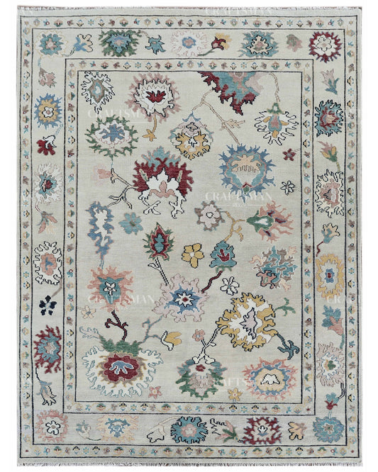 Hand Knotted Oushak Rug 9x12, Ivory Vintage Persian Style Area Rug, Multicolor Floral Medallion Carpet for Living Room