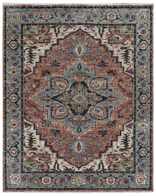 Vintage Terracotta Blue Oushak Style Rug 9x12, Persian Floral Medallion Area Rug, Distressed Traditional Oriental Carpet
