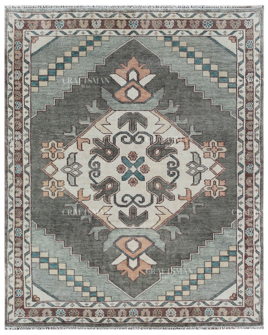 Hand Knotted Vintage Oushak Rug 8x10 ft, Sage Green & Charcoal Gray Persian Style Area Rug with Ivory Floral Medallion