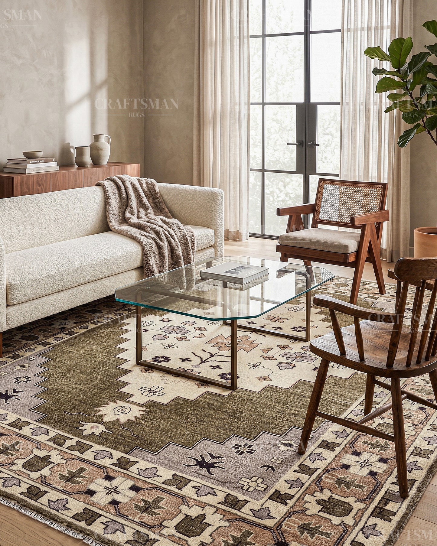 Hand Knotted Southwestern Wool Rug – Olive Green & Ivory Geometric Area Rug | Handmade Tribal Navajo Style Carpet