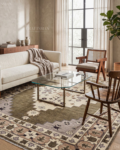 Hand Knotted Southwestern Wool Rug – Olive Green & Ivory Geometric Area Rug | Handmade Tribal Navajo Style Carpet