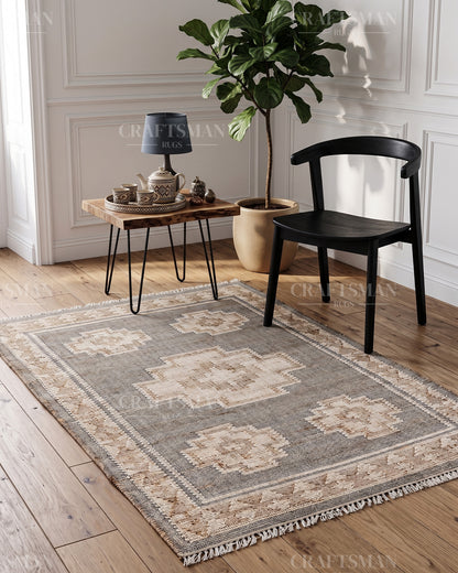 Handwoven Gray Jute Area Rug – Handmade Geometric Boho Farmhouse Flatweave Rug | Natural Eco-Friendly Area Carpet