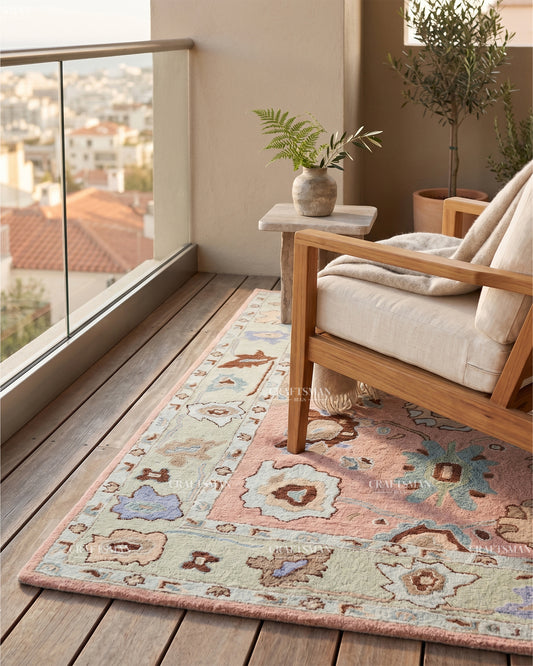 Oushak Inspired Hand Tufted Wool Rug – Peach & Pastel Floral Design
