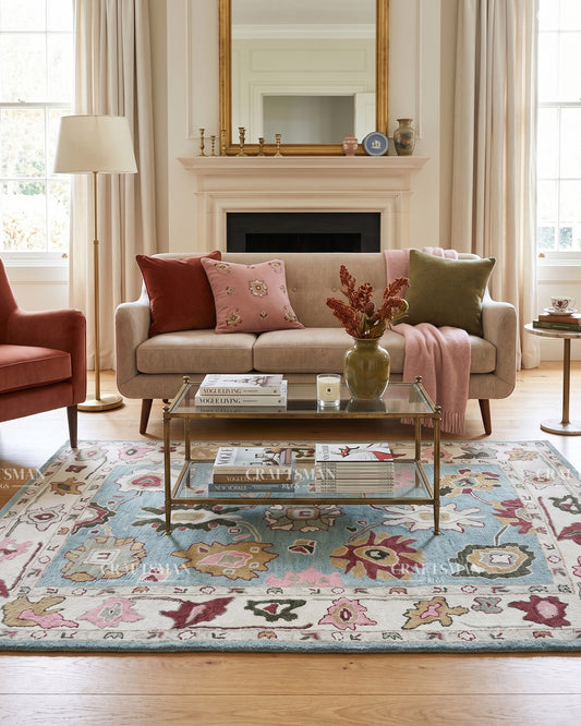 Hand Tufted Wool Rug – Oushak Inspired Sky Blue Floral Design – Made to Order Custom Area Rug