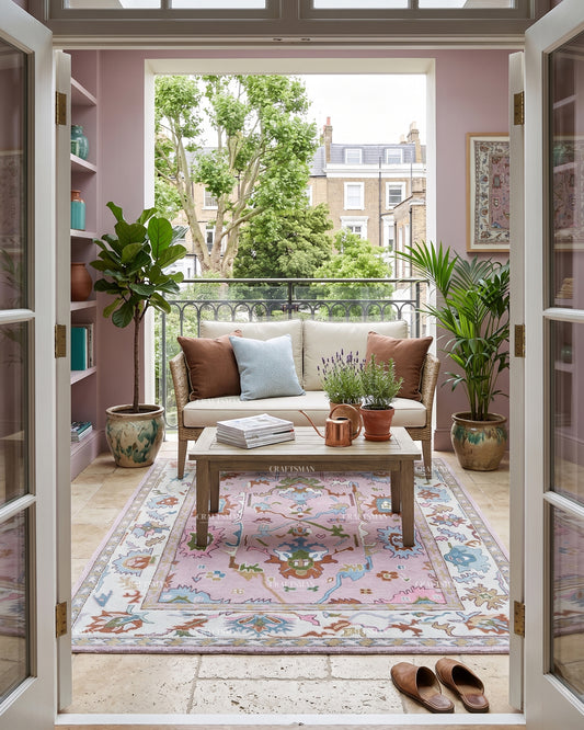 Pastel Oushak Inspired Hand Tufted Wool Rug – Blush Pink Floral Design