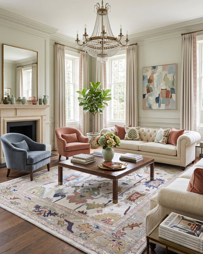 Oushak Inspired Hand Tufted Wool Rug – Ivory & Sage Blue Floral Design