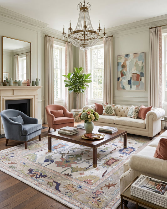 Oushak Inspired Hand Tufted Wool Rug – Ivory & Sage Blue Floral Design