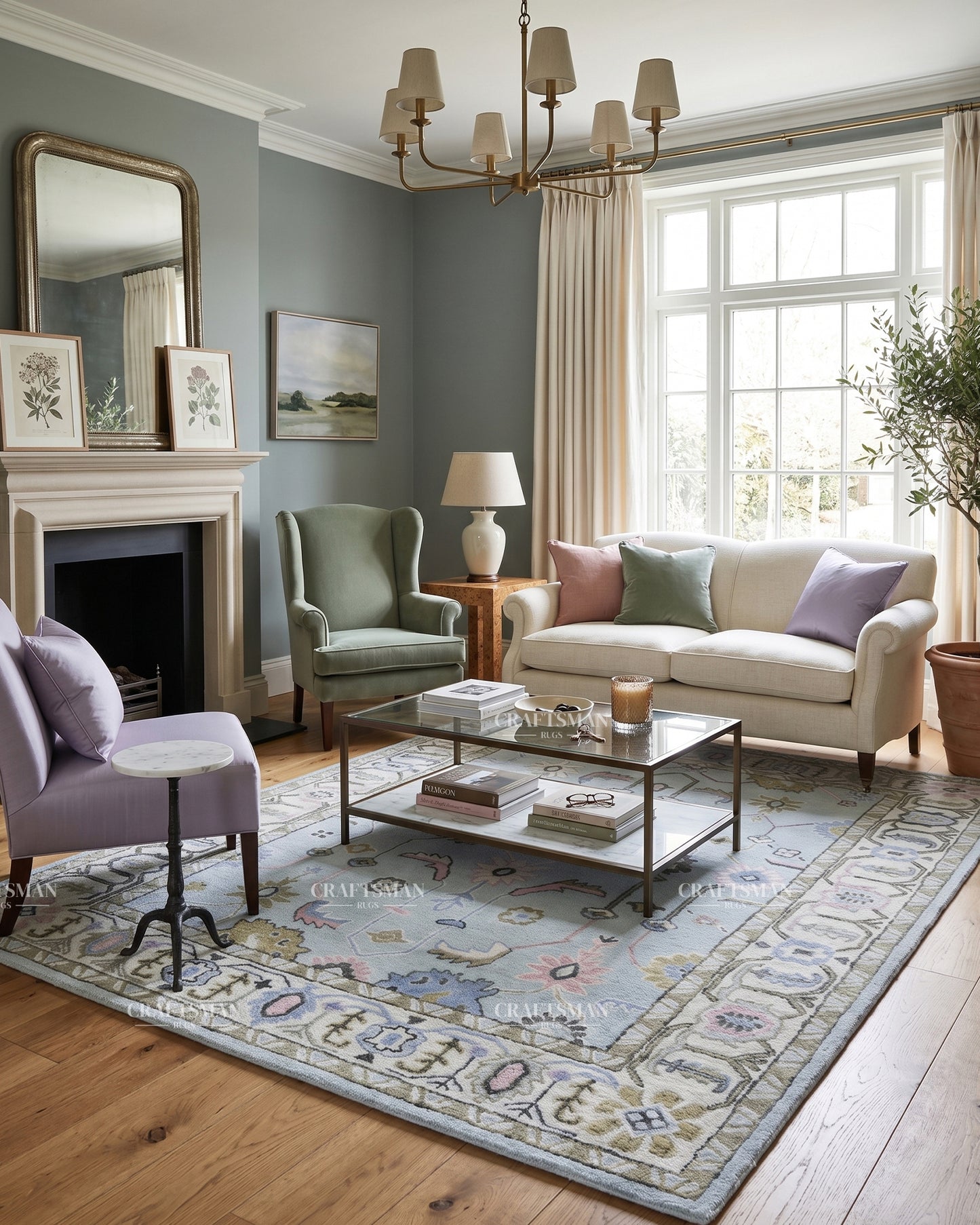Oushak Inspired Hand Tufted Wool Rug – Sky Blue Pastel Floral Design
