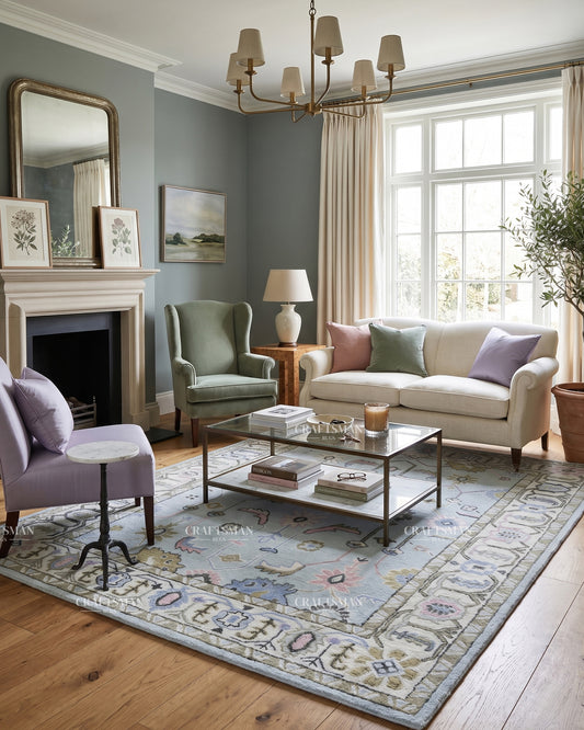 Oushak Inspired Hand Tufted Wool Rug – Sky Blue Pastel Floral Design