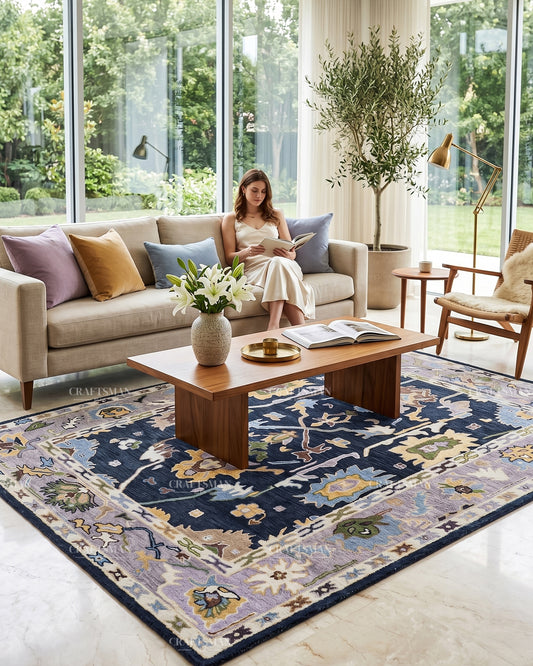 Royal Oushak Inspired Hand Tufted Wool Rug – Navy & Lavender Floral Design