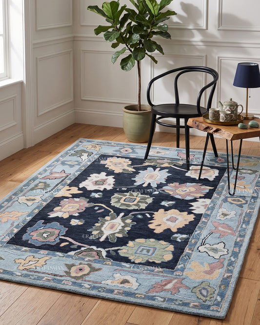 Oushak Inspired Hand Tufted Wool Rug – Navy Blue Floral Design