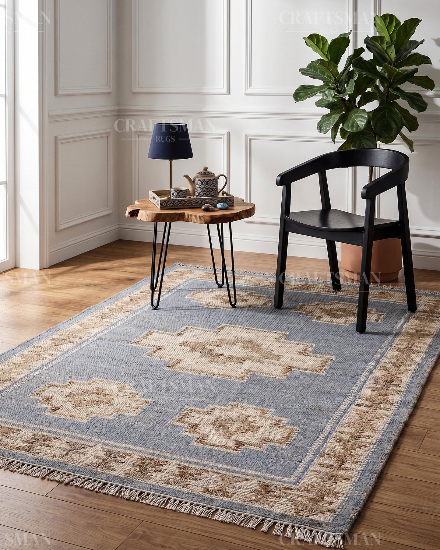 Handwoven Light Blue Jute Area Rug – Handmade Geometric Boho Farmhouse Flatweave Rug | Natural Eco-Friendly Area Carpet