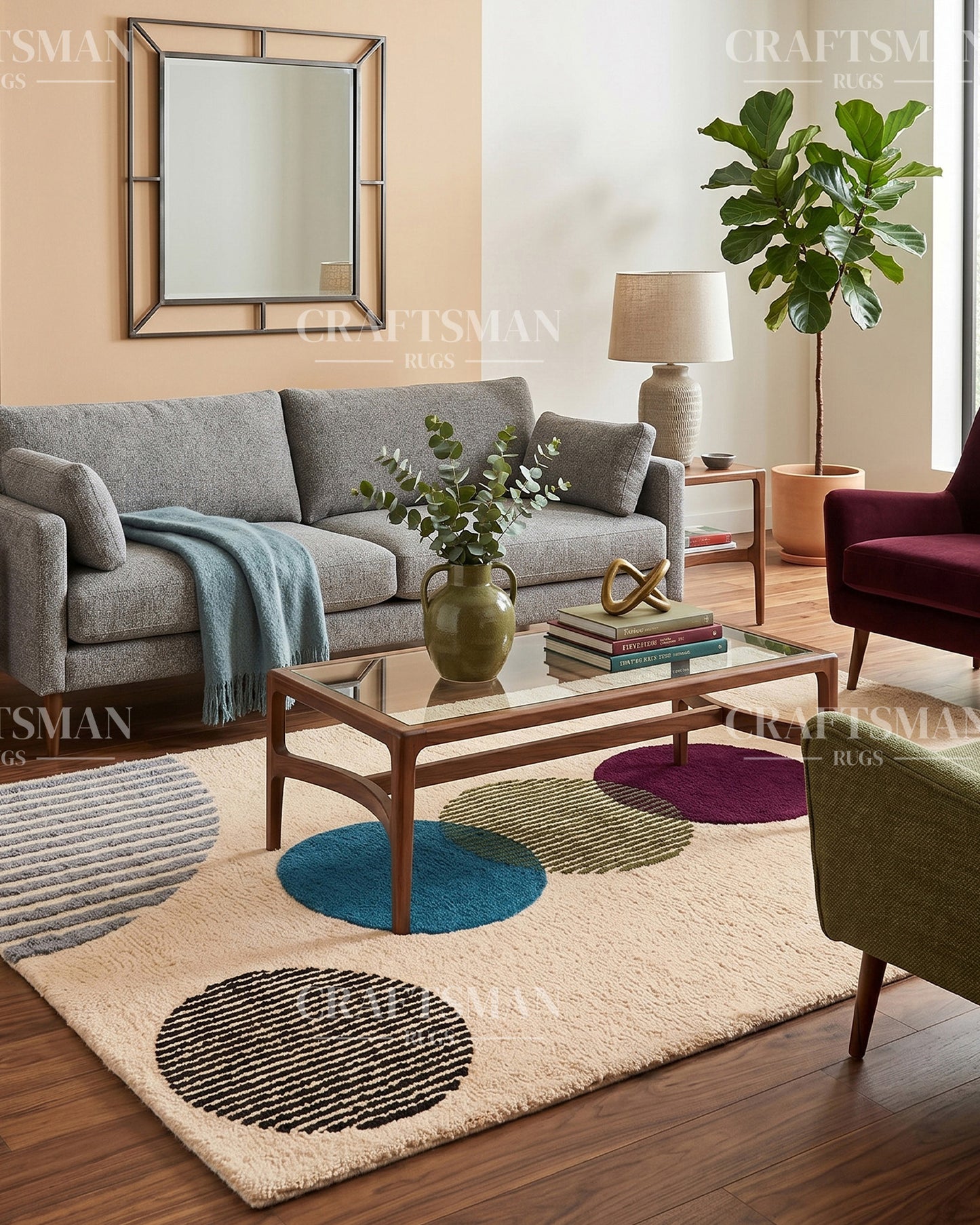 Modern Geometric Circle Hand Tufted Rug – Contemporary Abstract Area Carpet for Living Room & Bedroom | Soft Tufted Wool Rug | 5x8, 8x10, 9x12