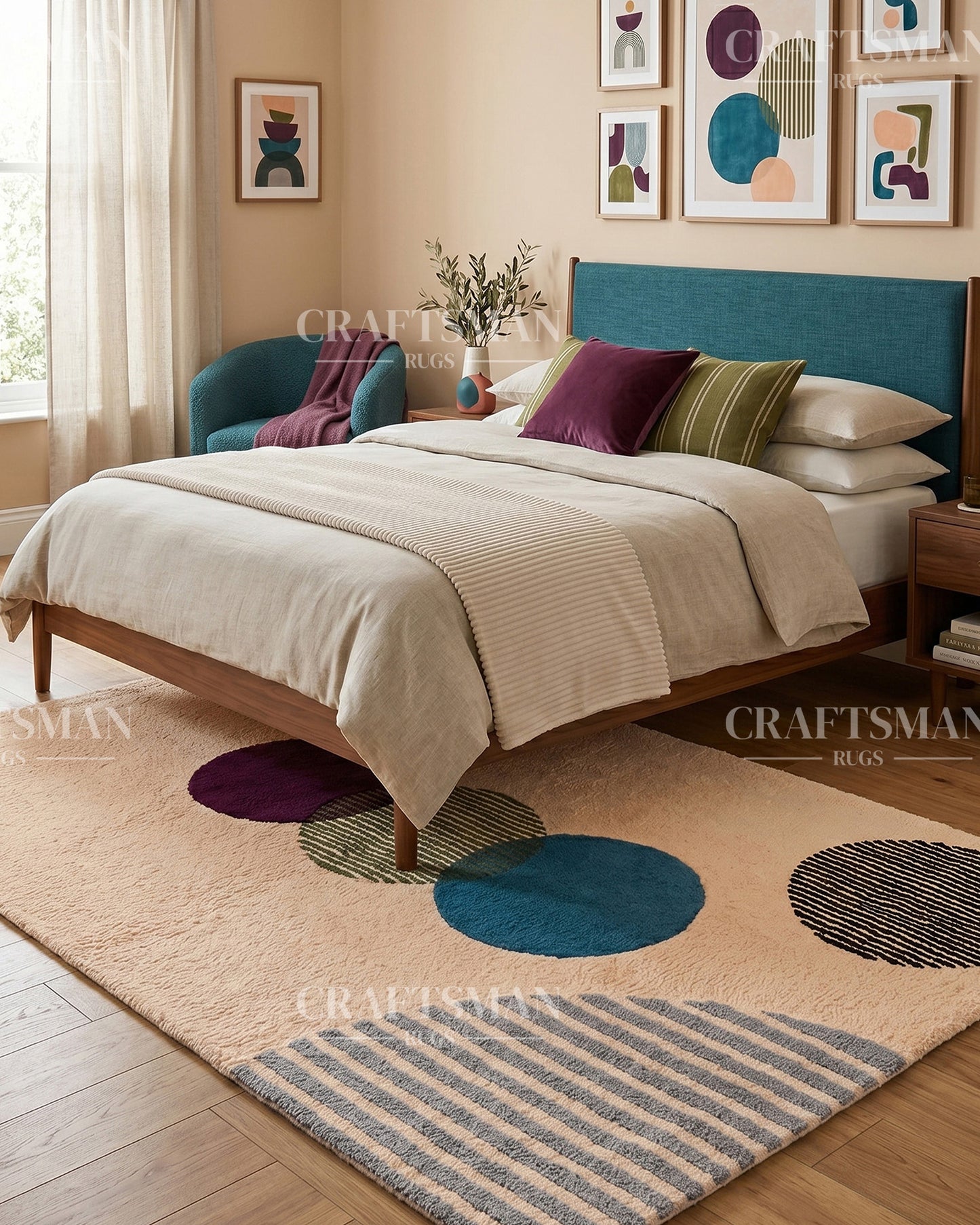 Modern Geometric Circle Hand Tufted Rug – Contemporary Abstract Area Carpet for Living Room & Bedroom | Soft Tufted Wool Rug | 5x8, 8x10, 9x12