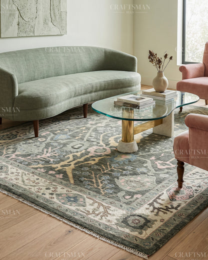Hand Knotted Oushak Rug, Vintage Turkish Wool Area Rug, Charcoal Gray Oriental Carpet, Handmade Floral Rug, Luxury Living Room Rug, Traditional Persian Style Rug