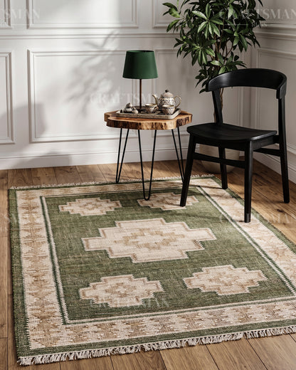 Handwoven Olive Green Jute Area Rug – Natural Geometric Boho Farmhouse Flatweave Rug | Handmade Eco-Friendly Rug